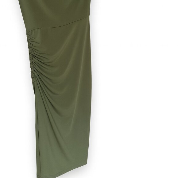 Shiki Light Khaki Off-The-Shoulder Draped Midi Dress – Size 42 (From Italy) - Picture 2 of 6